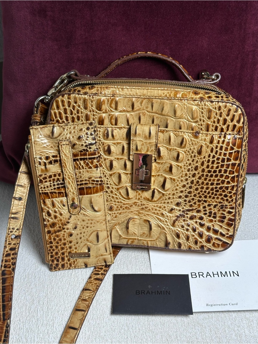 Brahmin Croc-Embossed Satchel in Golden Honey